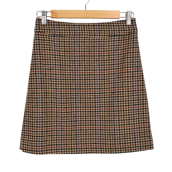 NWT J.Crew Factory Wool-Blend Lined Mini Skirt In Houndstooth Brown Size 0 - Picture 1 of 11